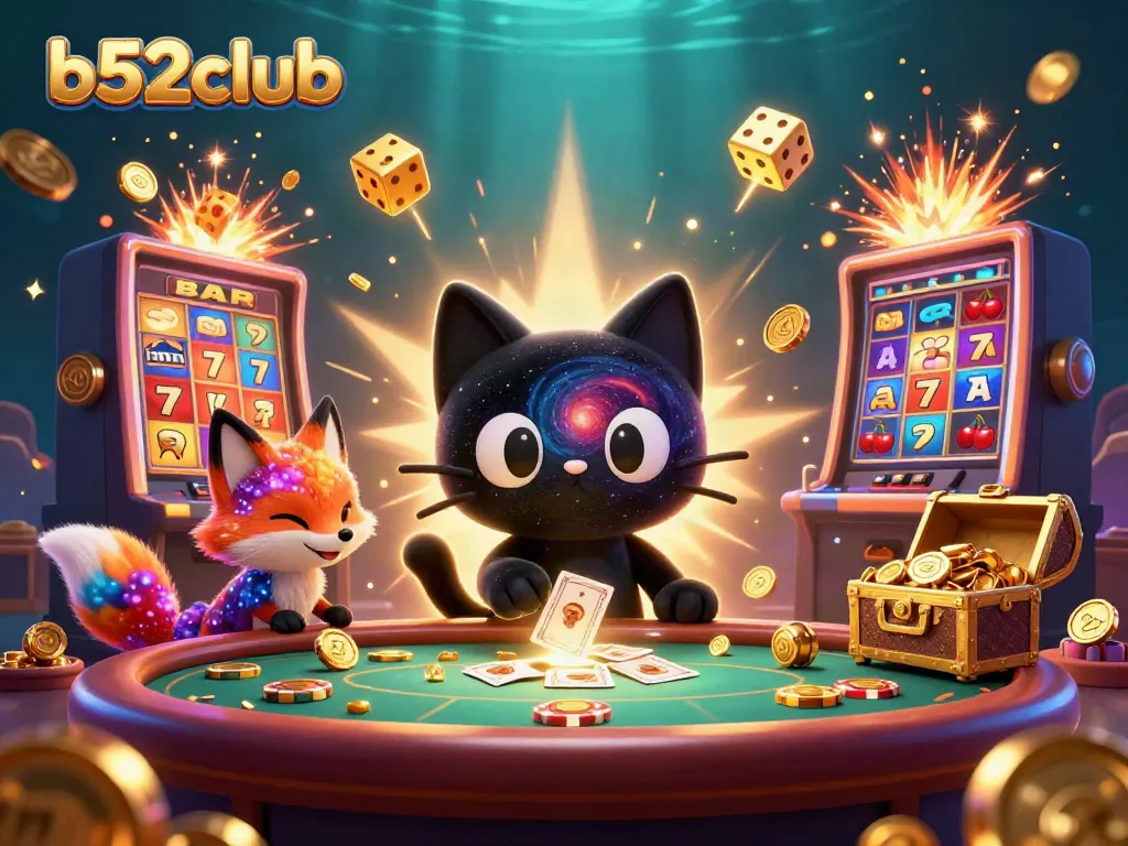 Engage with b52club at a cosmic casino, where a black hole cat interacts with vibrant game elements and gold.