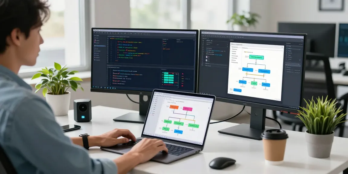 快连 network acceleration platform software developer workspace with dual monitors and coding.