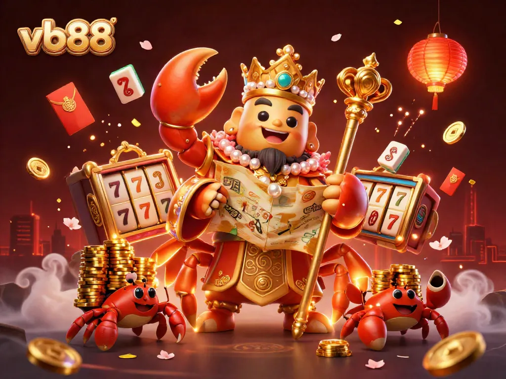 Experience the thrill of vb88 with a vibrant 3D illustration featuring golden crab emperor and vivid gaming elements.