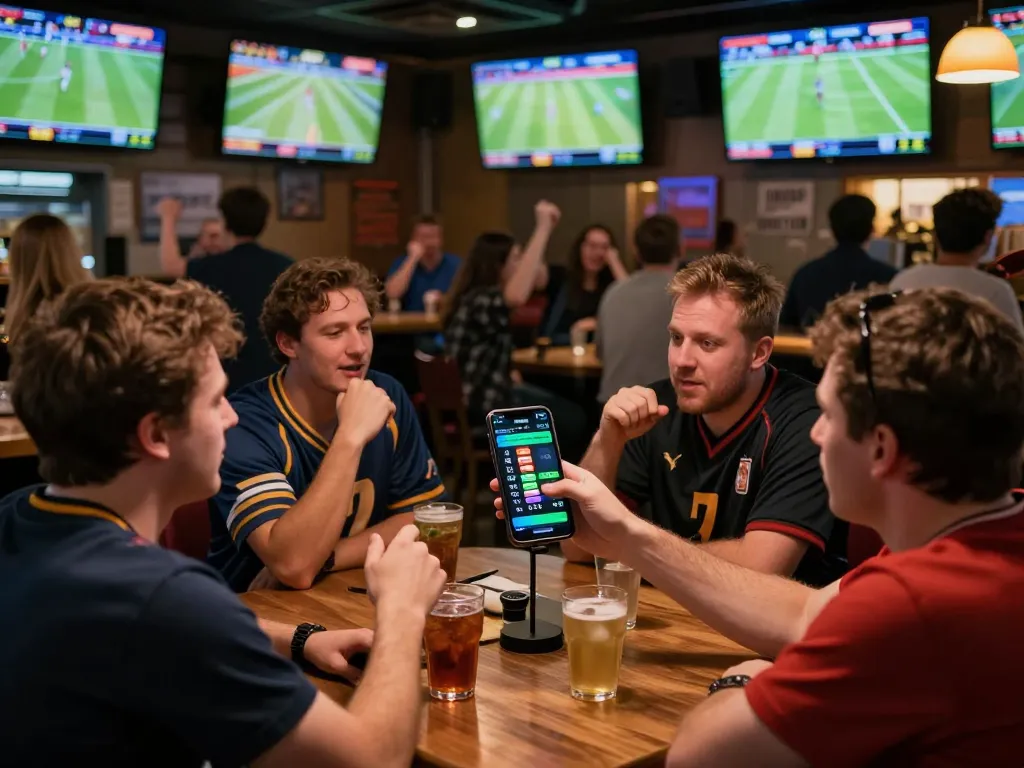 Sports bettors excitedly analyzing odds on keonhacaii app at a lively sports bar during a game night.