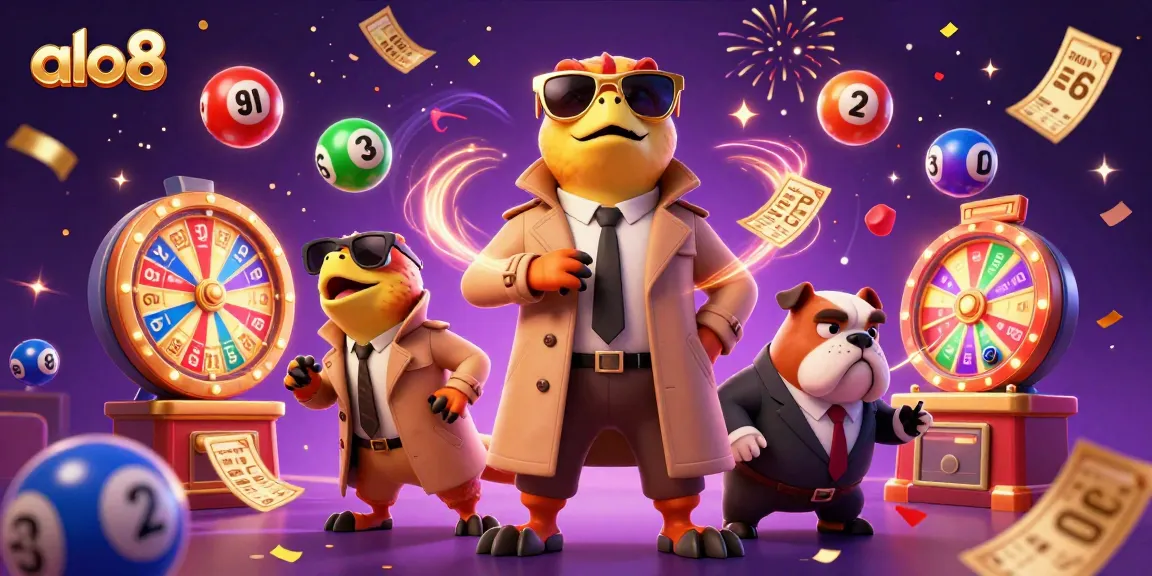 Join the fun at alo8 with raptors in a trench coat entering a VIP casino lounge amidst vibrant lottery and gaming elements.
