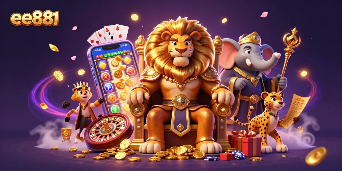 Experience the thrill at ee881 with a 3D cartoon lion king surrounded by dynamic gambling elements.