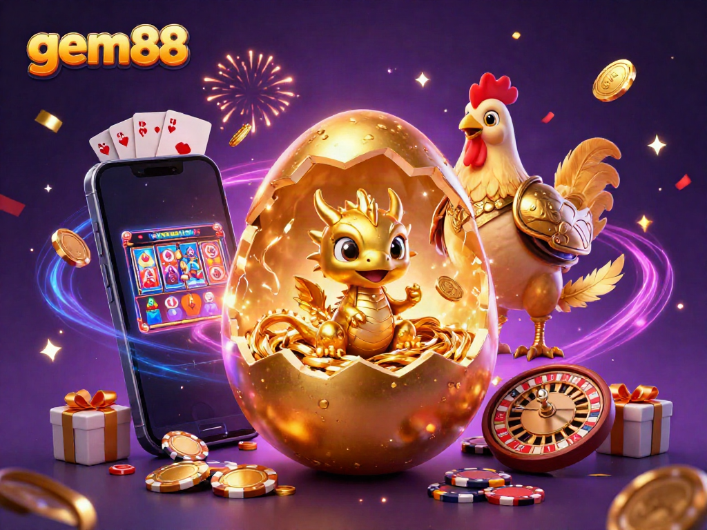 Experience the excitement of gem88 with a golden dragon and casino elements bursting with rewards and fun.