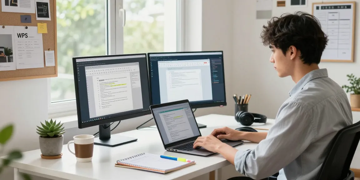 WPS Download - Professional in a bright home office using WPS Office on laptop with dual monitors.