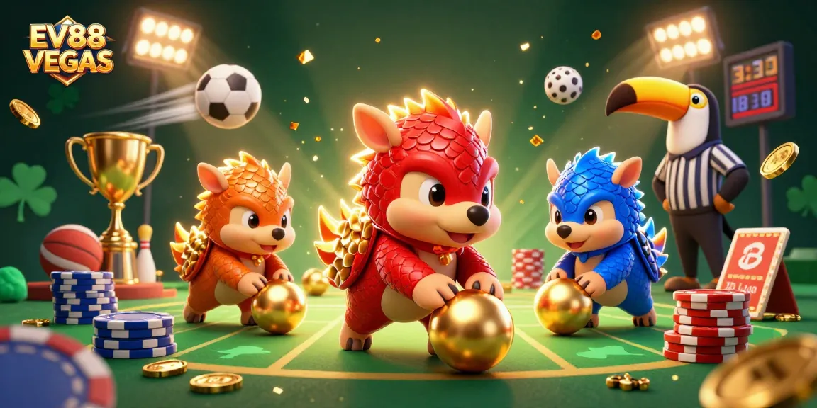 Bet and roll with EV88 VEGAS as pangolins bowl through poker chips amidst sports action.