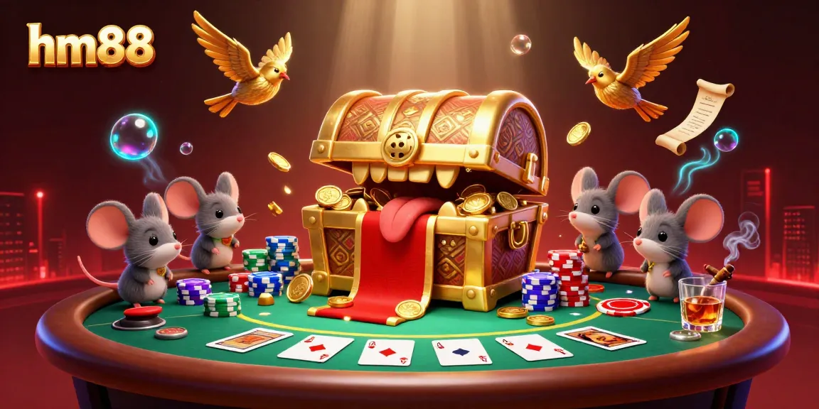 Engage in thrilling gameplay at hm88 with vibrant poker tables and a captivating treasure chest scene.