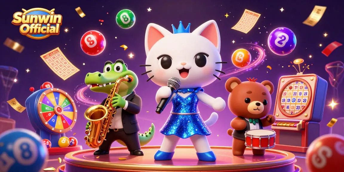Experience the excitement of Sunwin Official with vibrant characters and lottery elements in this lively casino illustration.