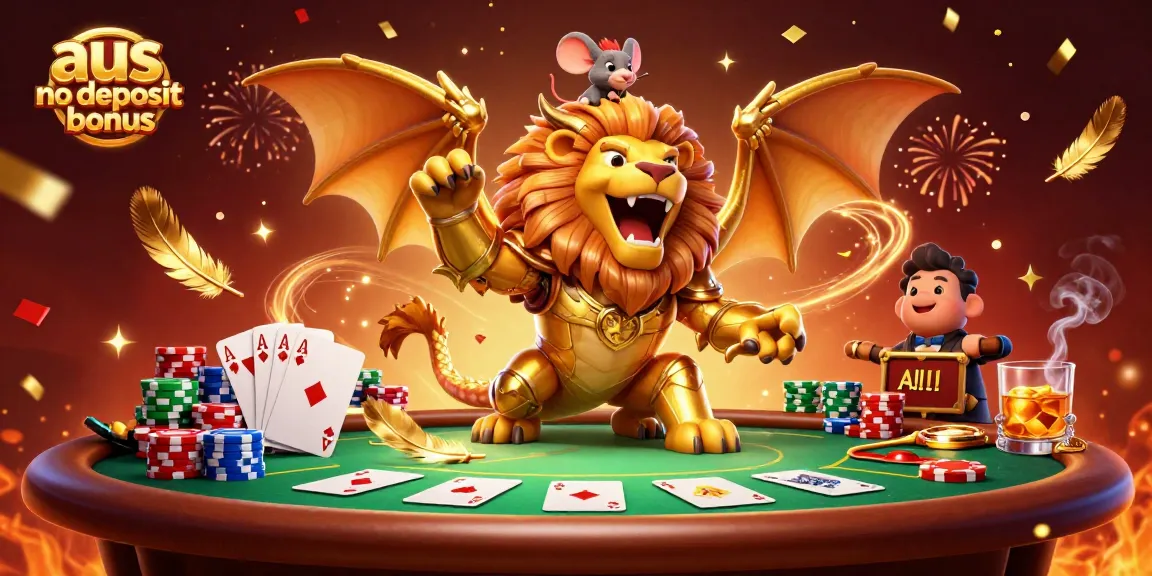 Claim your aus no deposit bonus with a triumphant chimera and poker elements in this vibrant scene.