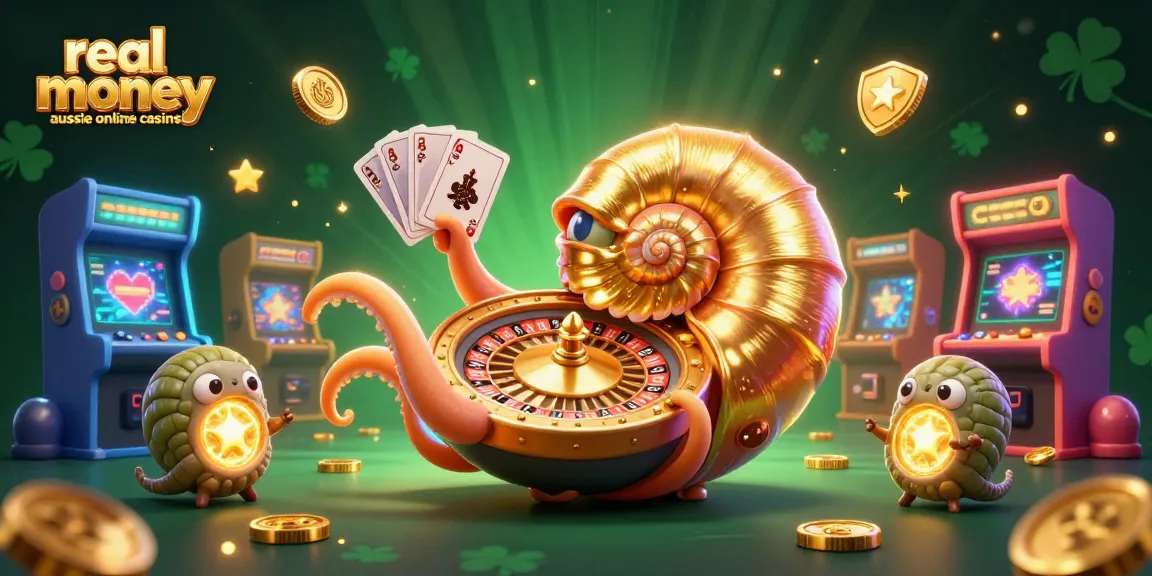 Engage in real money aussie online casinos featuring a vibrant 3D gaming scene with a nautilus roulette wheel and arcade machines.
