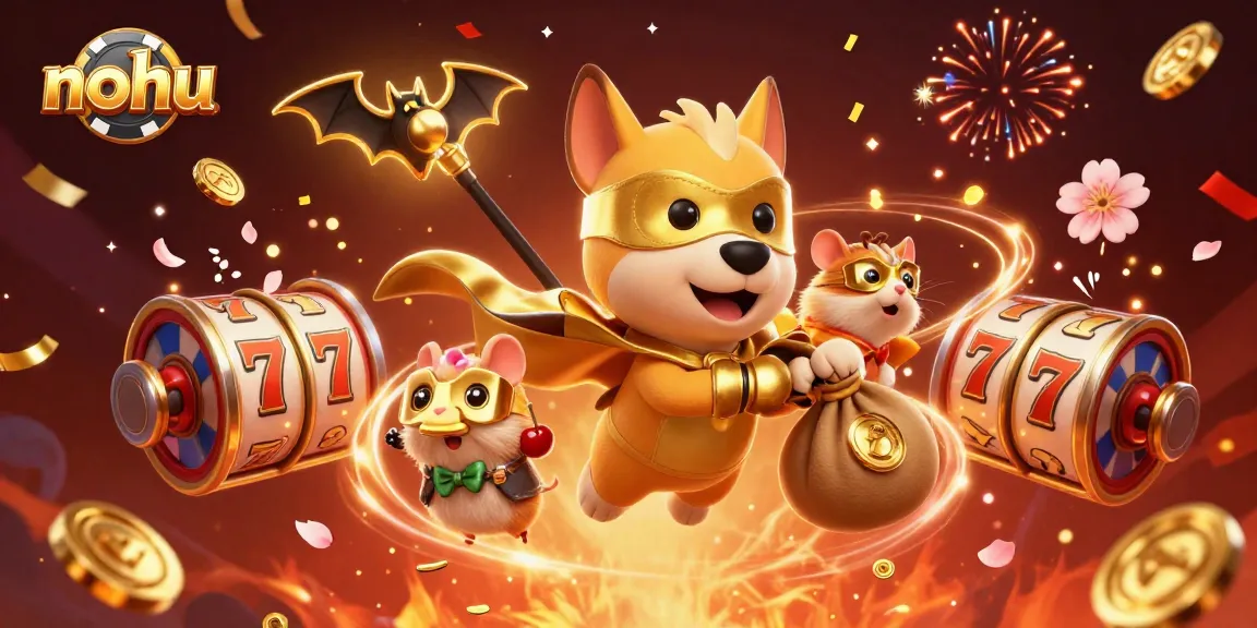 Nohu's superhero dog and sidekick hamster celebrate casino wins with poker chips and slot reels.