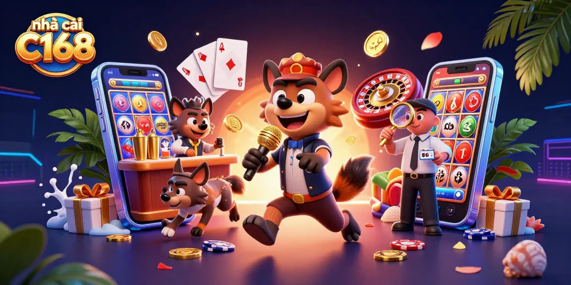 Engage with nhà cái C168's lively casino scene featuring animated hyenas and vibrant gaming elements.