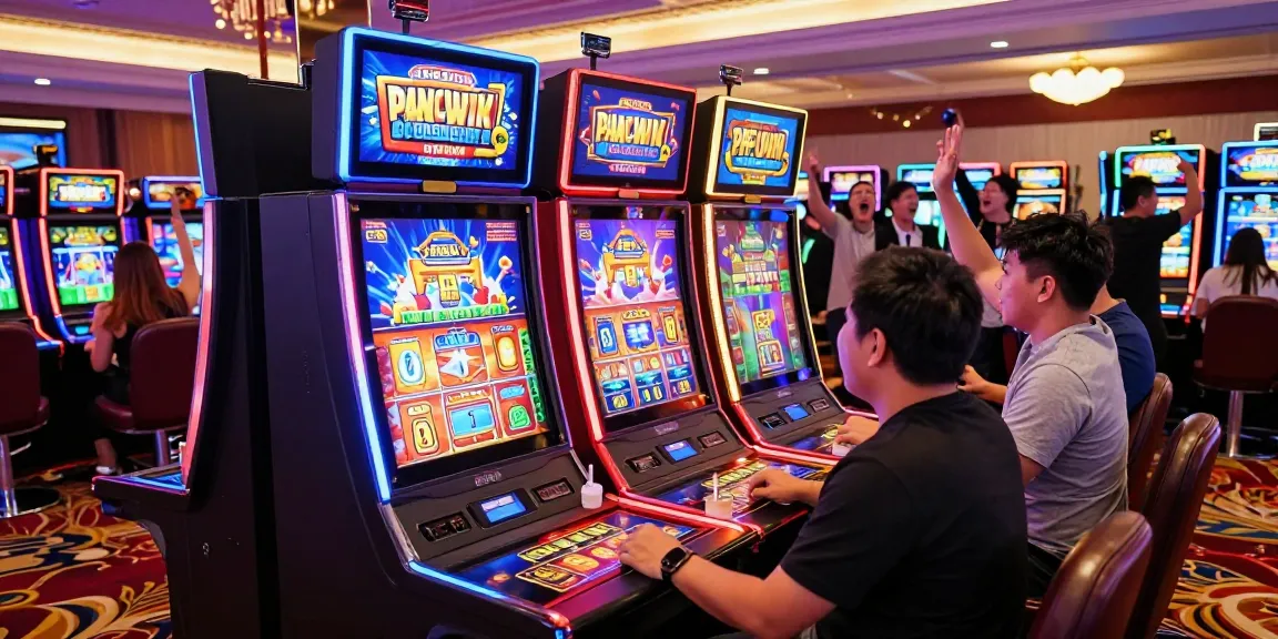 Engaged players enjoying a slot gacor machine in a colorful casino.