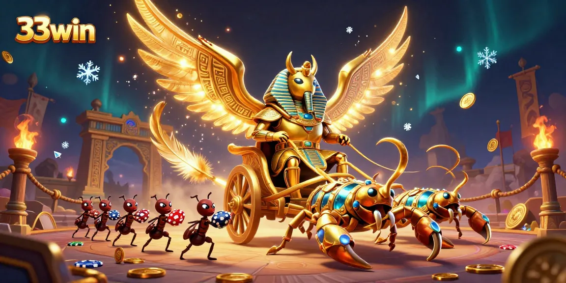 Engage in thrilling gameplay at 33win with a vibrant 3D illustration showcasing a colossal golden scarab beetle.