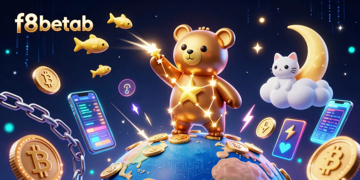 Engage with f8betab's casino magic, where a constellation bear sculpts gold coins amidst crypto elements.