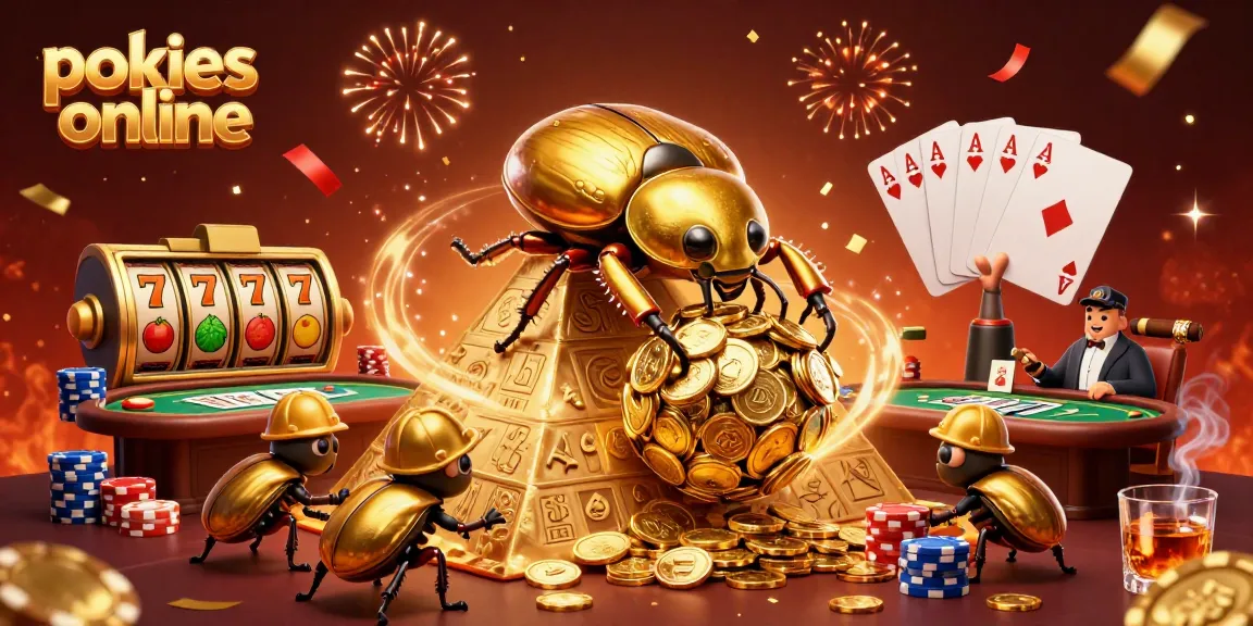 Engage in thrilling pokies online action with an extraordinary scene of golden beetles and casino symbols.