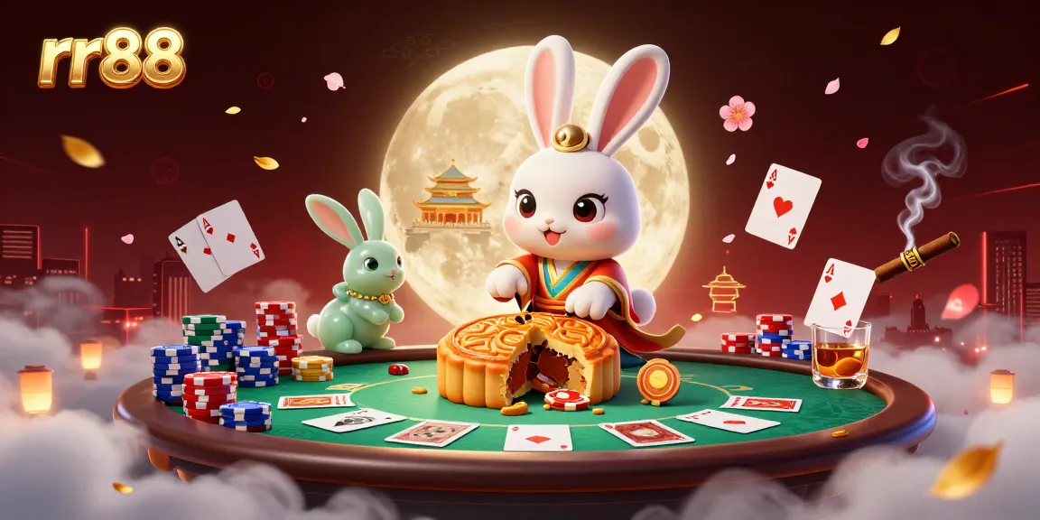 Experience rr88's thrilling casino adventure with a moon rabbit and poker chips amidst a colorful backdrop.