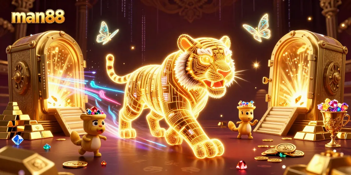 man88 showcases a vibrant digital casino scene with golden tiger and jewels