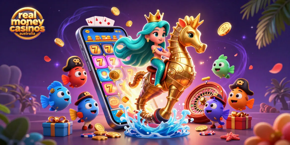 Win big with real money casinos Australia, featuring vibrant slot games and a magical mermaid scene.